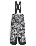 Camouflage-patterned snow pants with suspenders on a white background