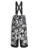 Camouflage-patterned bib overalls with suspenders on a white background