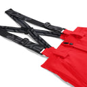 Black straps with branding on a red garment against a white background