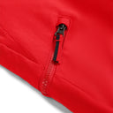 Close-up of a red jacket with a zipper on a white background