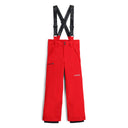 Red ski pants with black suspenders on a white background