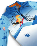 Children's blue jacket with skiing graphics on a white background