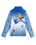Children's blue long-sleeve shirt with mountain and dinosaur design on a white background